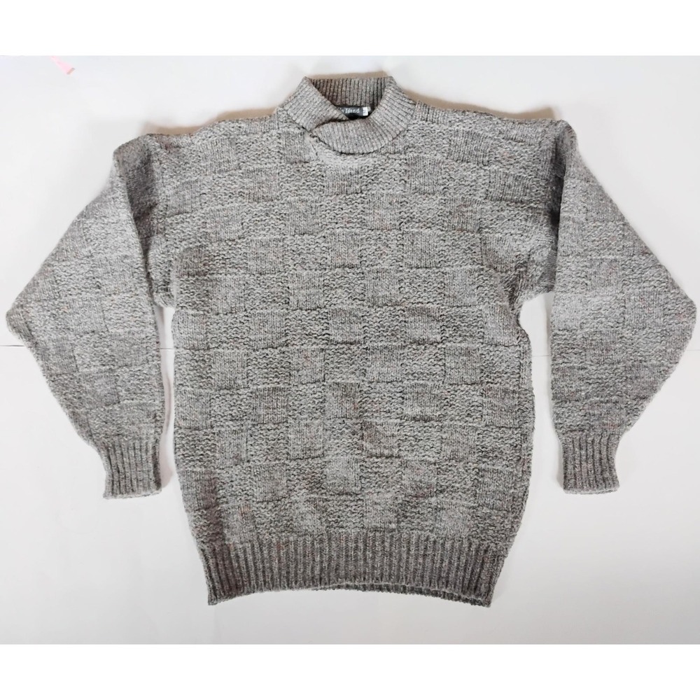 VTG Ellis Island Mock Neck Sweater Mens Size M Gray Donegal Wool Blend Textured